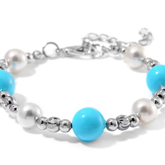 Sleeping Beauty Color and White Shell Pearl Bracelet Lever Bracelet & Earrings - Picture 1 of 4